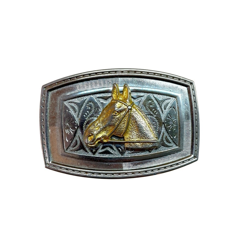 Western Belt Buckle Horse Head Cowboy Girl Gold Accent Silver Tone Rodeo
